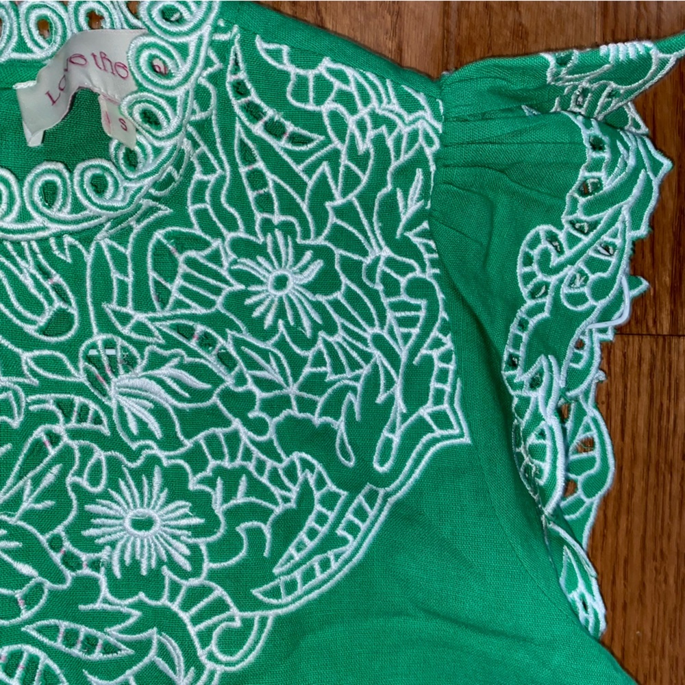 Love The Label Tuckernuck $300 Green Paradise Thea Open Work Eyelet Blouse Small - Picture 4 of 11